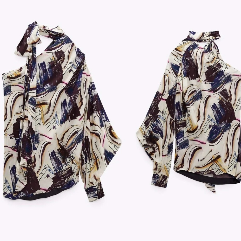 Zara limited edition abstract print asymmetrical one shoulder tie neck blouse M - Picture 3 of 14